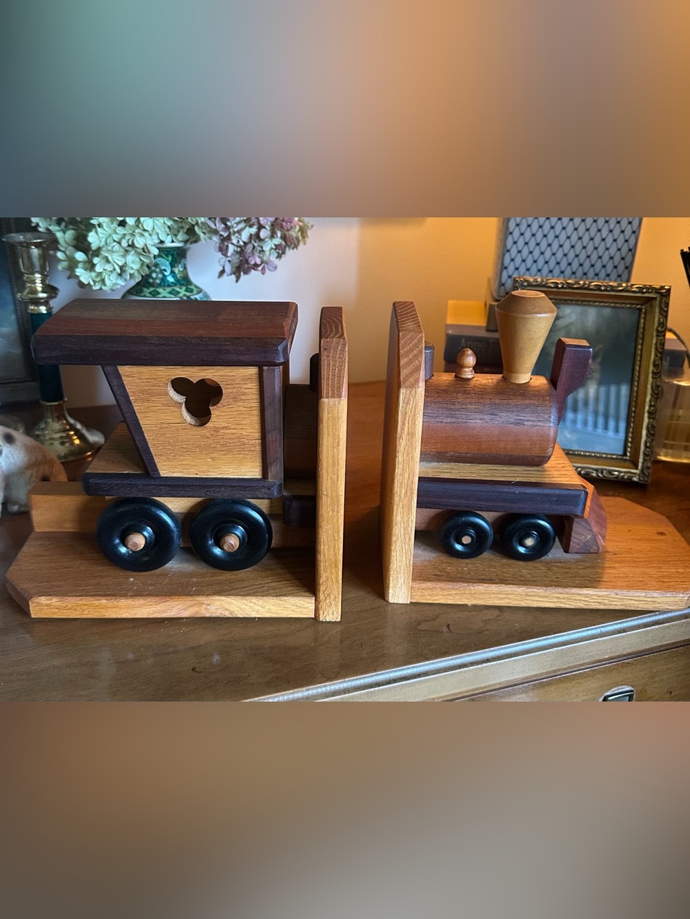 Vtg Handmade Wooden Train Bookends